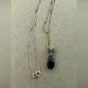 JC Sterling Silver Marcasite & Black Tourmaline Pendant Necklace 925 1.8g .75 In